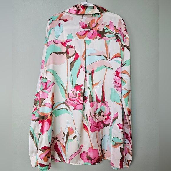 Zara Cream Pink Teal Floral Long Sleeve Button-Down Collared Blouse, Size Medium - Picture 4 of 11
